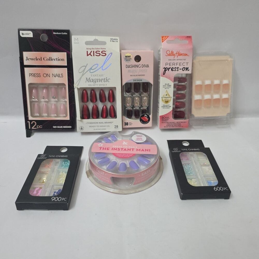 Huge Lot Of 6 Press On Nails + 2 Boxes Of Nail Charms Assorted Brands Colors